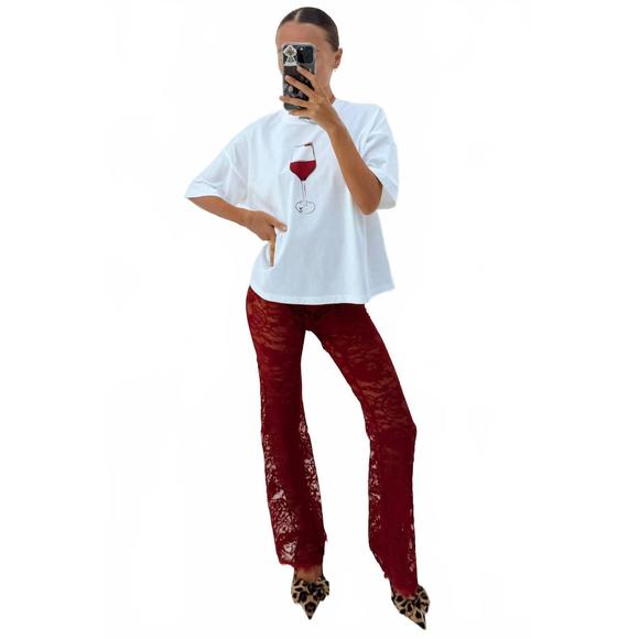 Women's Burgundy Lace Diva Trousers in Red, Size 6 by Never Fully Dressed